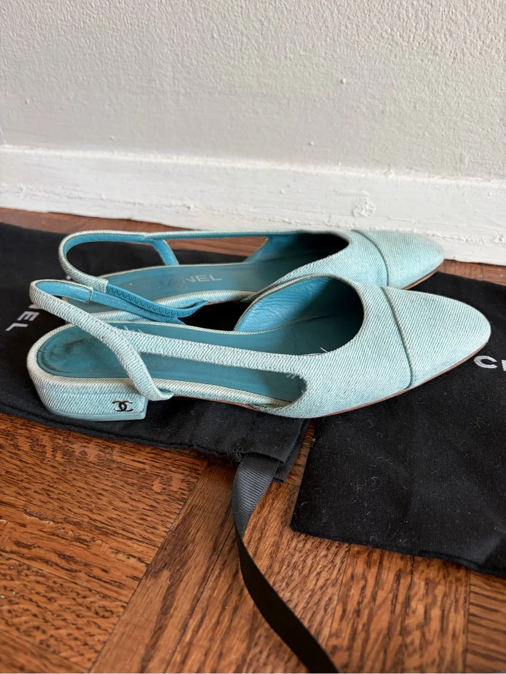 Chanel denim slingback flats mules
